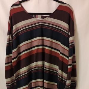 Sunday Striped V-Neck Pullover in Navy, Burgundy & Light Gray